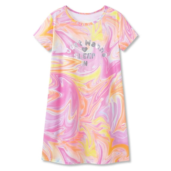 Beezizac Teen/Little Girls Nightgown – Summer Short Sleeves Sleepwear Trendy Rainbow Marble Nightdress Pajama Size 16