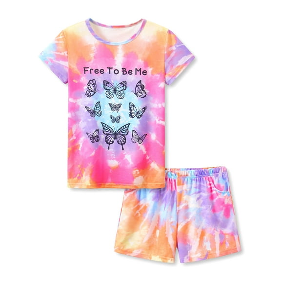 Beezizac Tie Dye Butterfly Pajamas for Girls Soft Summer Jersey Shirt & Shorts Set Big Kid Size 18