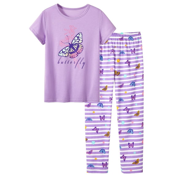 Tebbis Trendy 2-Piece Butterfly Pajama Tee & Pants Set for Girls – Kids Stripes Summer/Fall/Spring Clothing Size 12