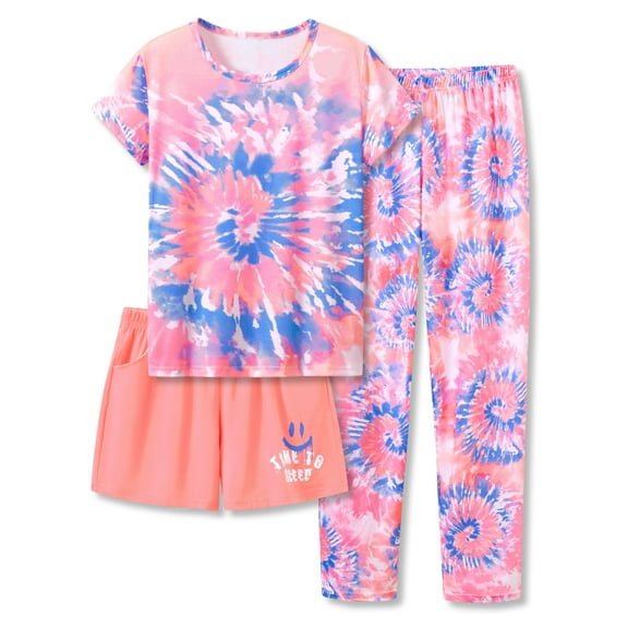 Tebbis Trendy Blue Coral Swirl Pajamas for Girls 3 Pieces Soft Tee Shorts & Pants PJ Comfy Jammies Set Size 12