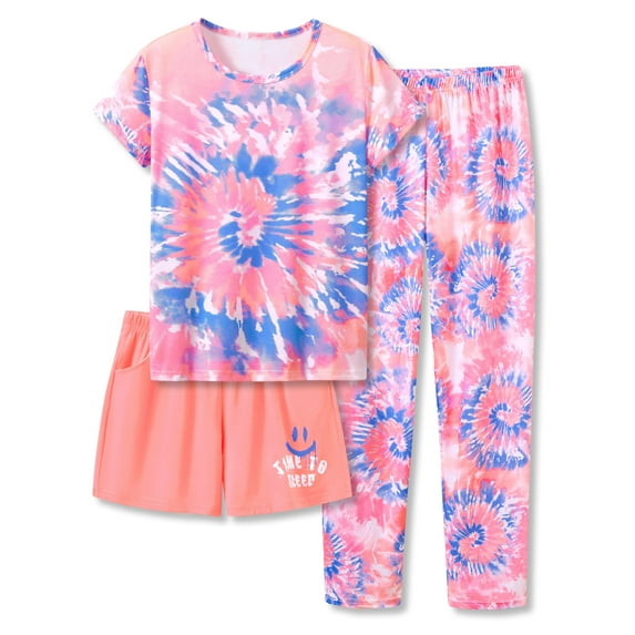 Beezizac Trendy Blue Coral Swirl Pajamas for Girls 3 Pieces Soft Tee Shorts & Pants PJ Comfy Jammies Set Size 12