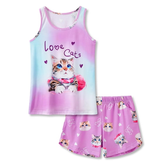 Beezizac Trendy Cute Cat Pajamas for Big/Teen Girls 2-Piece Soft Tank Top & Shorts PJ Jammies Set Size 12