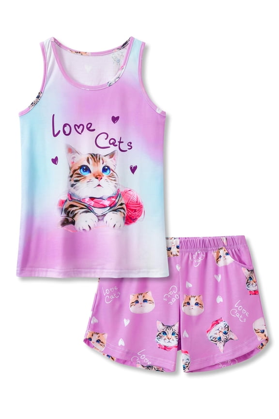 Tebbis Trendy Cute Cat Pajamas for Big / Teen Girls 2-Piece Soft Tank Top & Shorts PJ Jammies Set Size 14