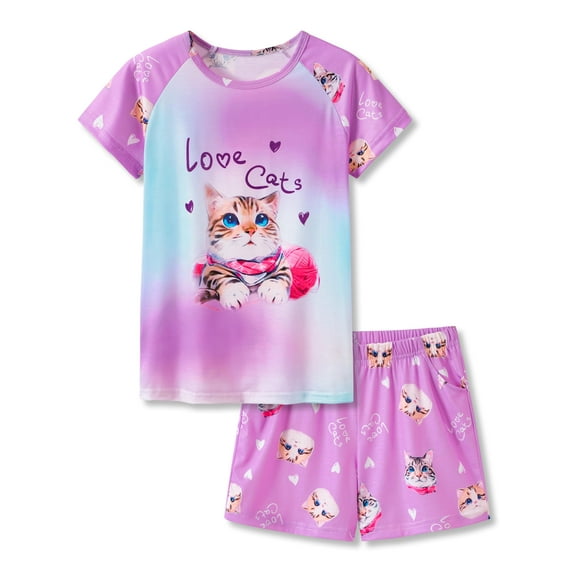 Beezizac Trendy Cute Cat Pajamas for Big/Teen Girls 2-Piece Soft Tee & Shorts PJ Jammies Set Size 16