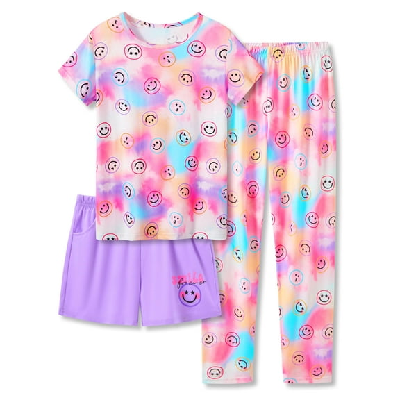 Beezizac Trendy Multi-colored Face Pajamas for Girls 3 Pieces Soft Tee Shorts & Pants PJ Comfy Jammies Set Size 8