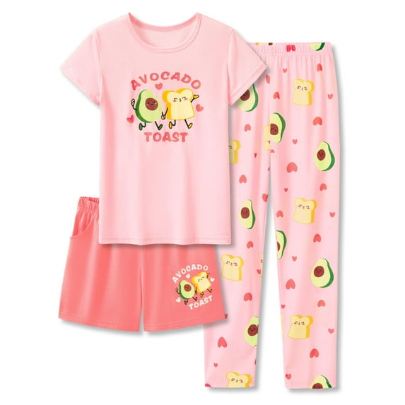 Tebbis Trendy Pink Avocado Cute Pajamas for Girls 3 Pieces Soft Tee Shorts & Pants PJ Comfy Jammies Set Size 16