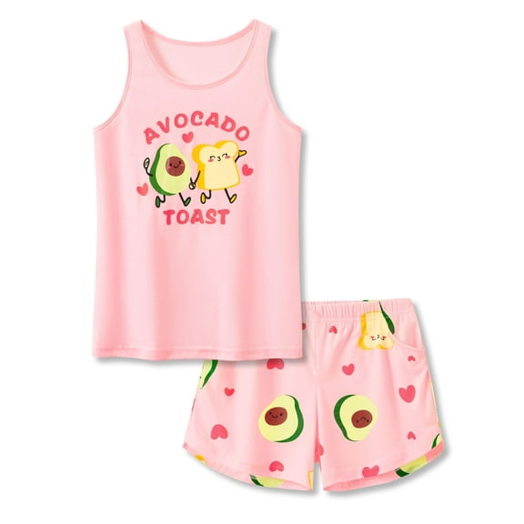 Tebbis Trendy Pink Avocado Pajamas for Little / Teen Girls 2-Piece Soft Tank Top & Shorts PJ Jammies Set Size 6