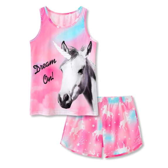Beezizac Trendy Pretty Unicorn Pajamas for Big/Teen Girls 2-Piece Soft Tank Top & Shorts PJ Jammies Set Size 18