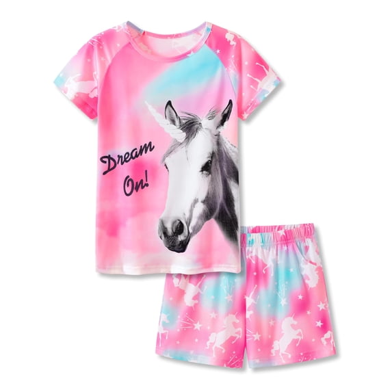 Beezizac Trendy Pretty Unicorn Pajamas for Big/Teen Girls 2-Piece Soft Tee & Shorts PJ Jammies Set Size 10