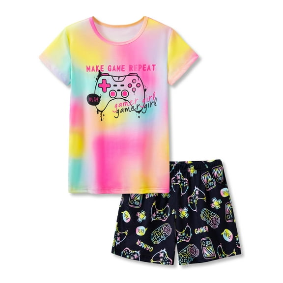 Tebbis Trendy Rainbow Game Pajamas for Big / Teen Girls 2-Piece Soft Tee & Shorts PJ Jammies Set Size 12