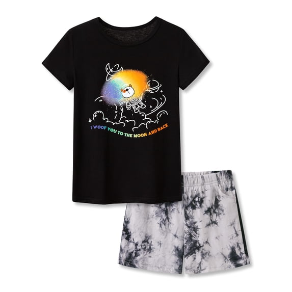 Beezizac Trendy Tie Dye Astronaut Doggy Pajamas for Girls 2-Piece Black Soft Tee & Shorts PJ Jammies Set Size 14