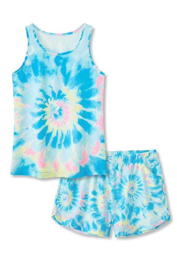 Tebbis Trendy Tie Dye Blue Swirl Pajamas for Big / Teen Girls 2-Piece Soft Tank Top & Shorts PJ Jammies Set Size 10