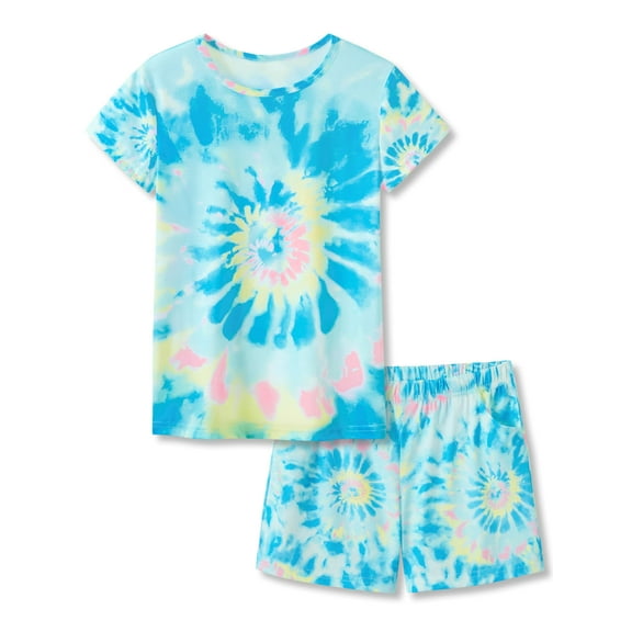 Tebbis Trendy Tie Dye Blue Swirl Pajamas for Big / Teen Girls 2-Piece Soft Tee & Shorts PJ Jammies Set Size 10
