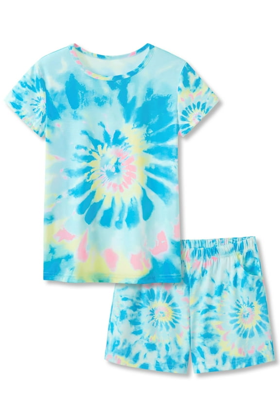 Trendy Tie Dye Blue Swirl Pajamas for Big/Teen Girls 2-Piece Soft Tee & Shorts PJ Jammies Set Size 10