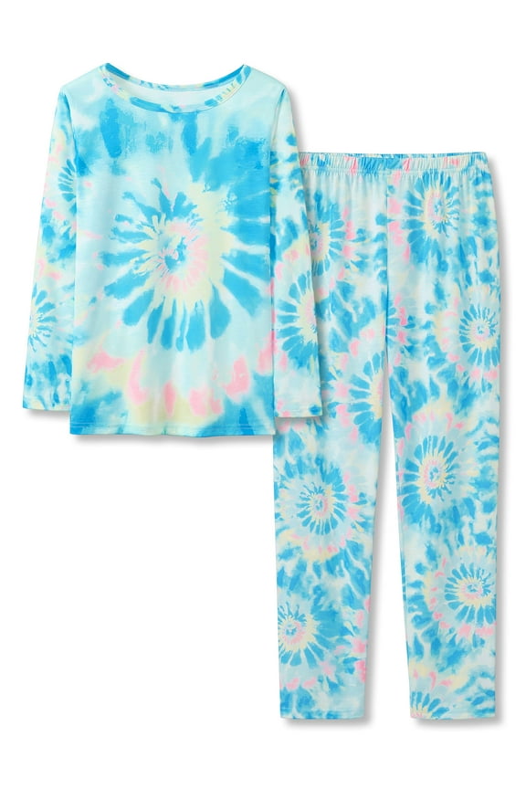 Tebbis Trendy Tie Dye Blue Swirl Pajamas for Girls 2-Piece Soft Long Sleeve & Pants PJ Set Jammies Size 10