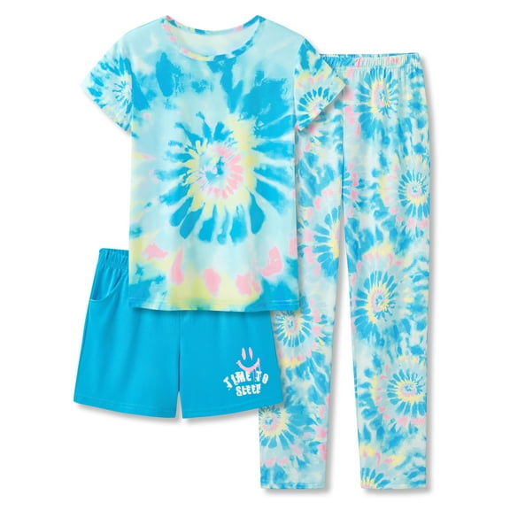 Tebbis Trendy Tie Dye Blue Swirl Pajamas for Girls 3 Pieces Soft Tee Shorts & Pants PJ Comfy Jammies Set Size 12