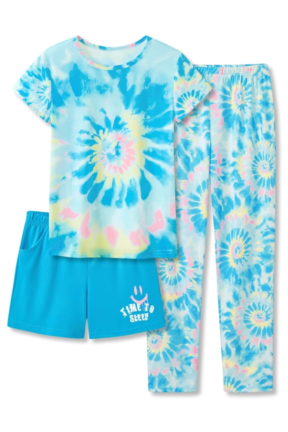Trendy Tie Dye Blue Swirl Pajamas for Girls 3 Pieces Soft Tee Shorts & Pants PJ Comfy Jammies Set Size 18