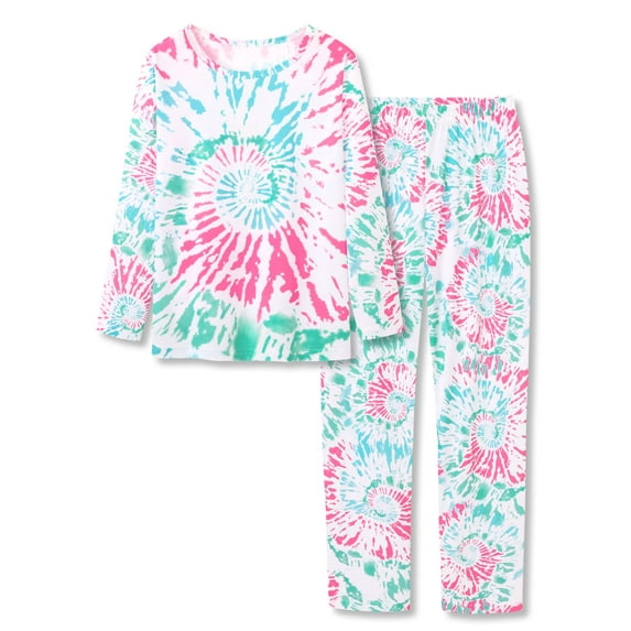 Beezizac Trendy Tie Dye Colorful Pajamas for Girls Soft Long Sleeves & Pants PJ Fuchsia Green Swirl Jammies Set Size 6