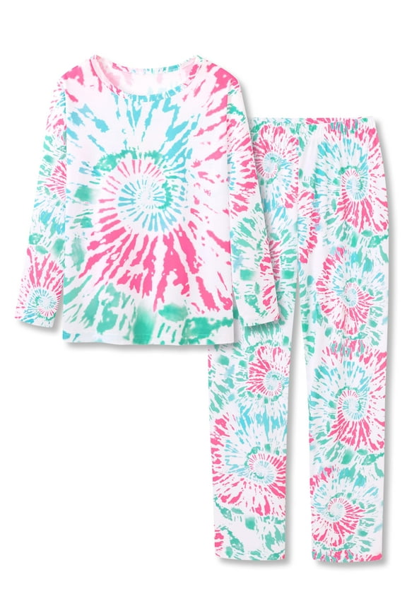 Trendy Tie Dye Colorful Pajamas for Girls Soft Long Sleeves & Pants PJ Fuchsia Green Swirl Jammies Set Size 6
