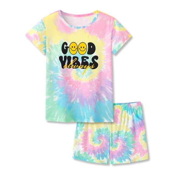 Beezizac Trendy Tie Dye Colorful Spiral Pajamas for Girls 2-Piece Soft Tee & Shorts PJ Good Vibes Jammies Set Size 6
