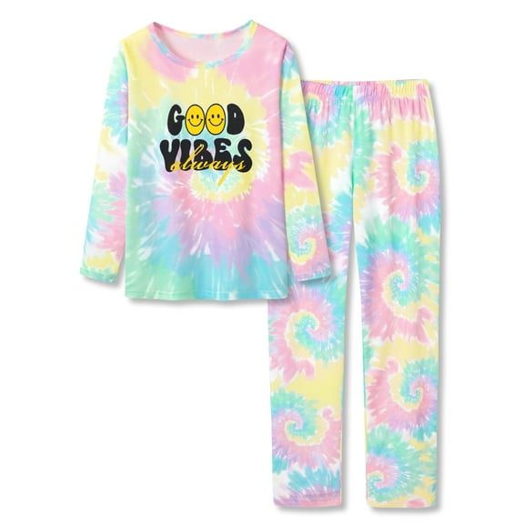 Tebbis Trendy Tie Dye Colorful Spiral Pajamas for Girls Soft Long Sleeves & Pants PJ Good Vibes Jammies Set Size 10