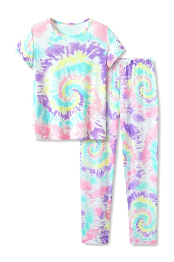 Trendy Tie Dye Spiral Pajamas for Girls 2-Piece Soft Short Sleeve & Pants PJ Set Jammies Size 10