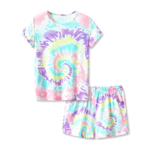 Beezizac Trendy Tie Dye Spiral Pajamas for Girls 2-Piece Soft Tee & Shorts PJ Set Jammies Size 12