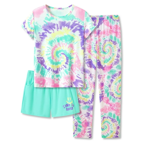 Tebbis Trendy Tie Dye Swirl Pajamas for Girls 3 Pieces Soft Tee Shorts & Pants PJ Comfy Jammies Set Size 8