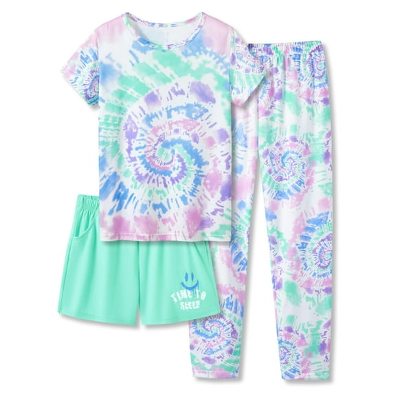 Tebbis Trendy Tie Dye Violet Green Pajamas for Girls 3 Pieces Soft Tee Shorts & Pants PJ Comfy Jammies Set Size 10