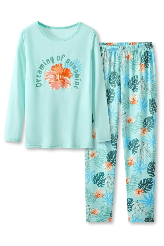 Tebbis Tropical Palm Leaf & Hibiscus Pajamas for Girls – Long Sleeve & Pants Tween Clothing Big Kid Size 12