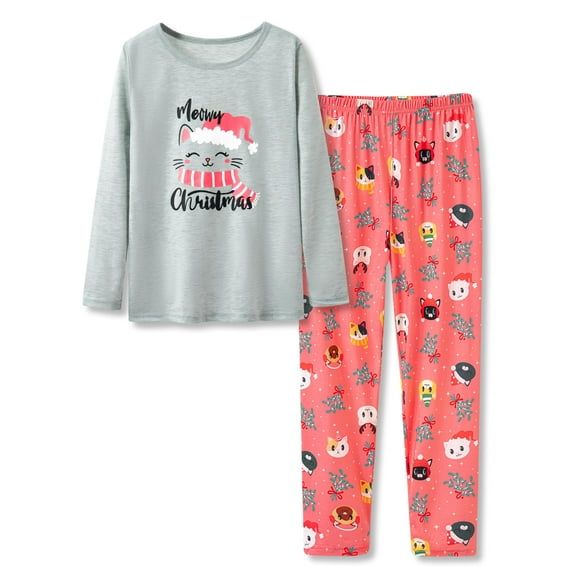 Beezizac Tween Girls Christmas Jammies Gray & Red Cat Pajamas 2-Piece Long Sleeve PJ Set Clothes Size 16