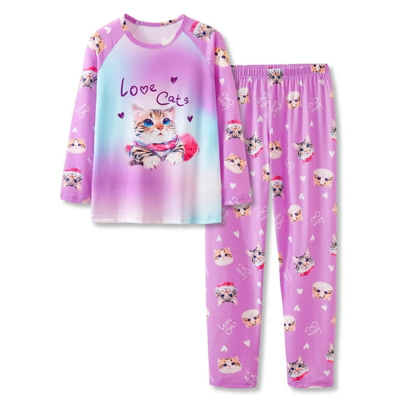 Tebbis Tween Girls Jammies Cute Cat Pajamas 2-Piece Long Sleeve PJ Set Clothes Size 10