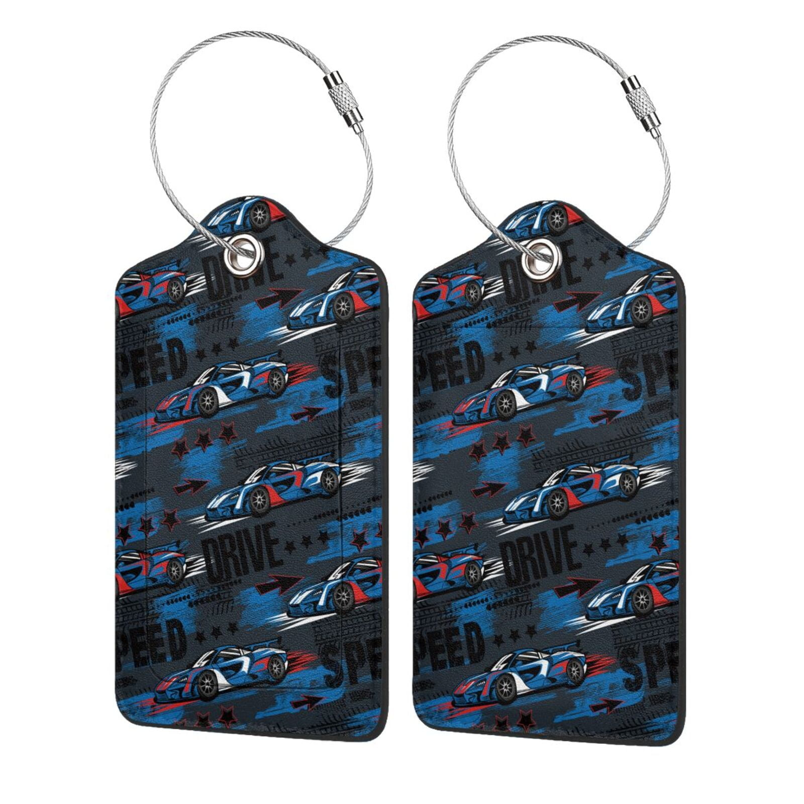 Tebeau Blue Sports Car Print Luggage Tags for Suitcases Faux Leather Privacy Protection 2 Pack ...
