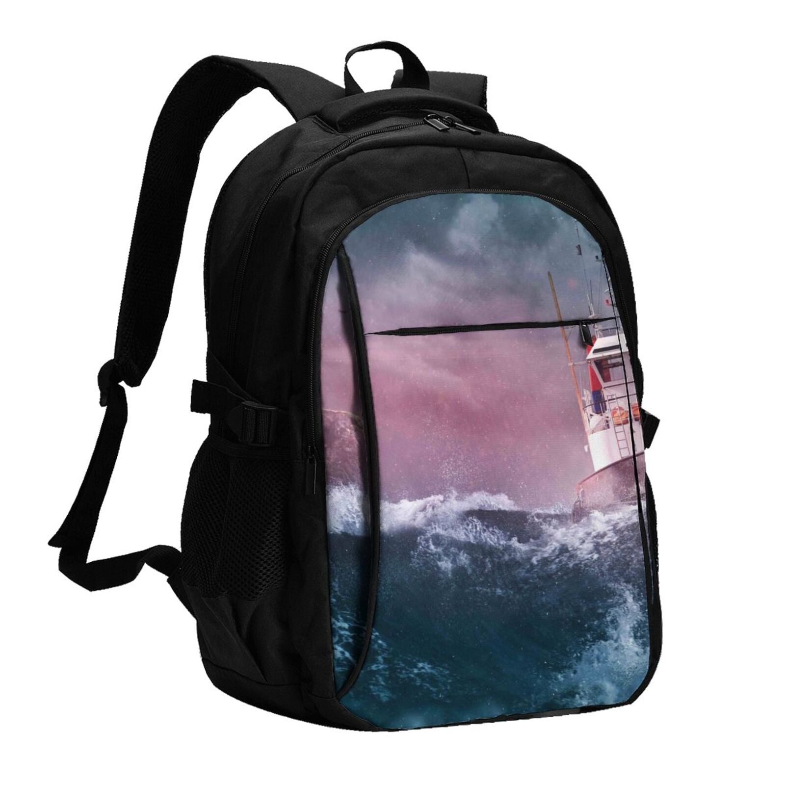 Tebeau Boat Lighthouse Storm Waves Print Travel Laptop Backpack