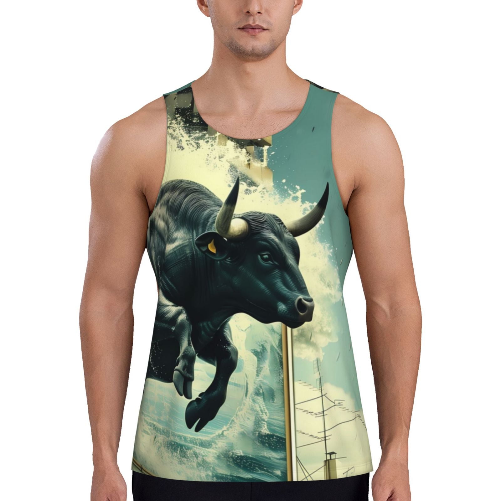 Tebeau Bull Charging Through Waves Print Men's Drop Arm Tank Top