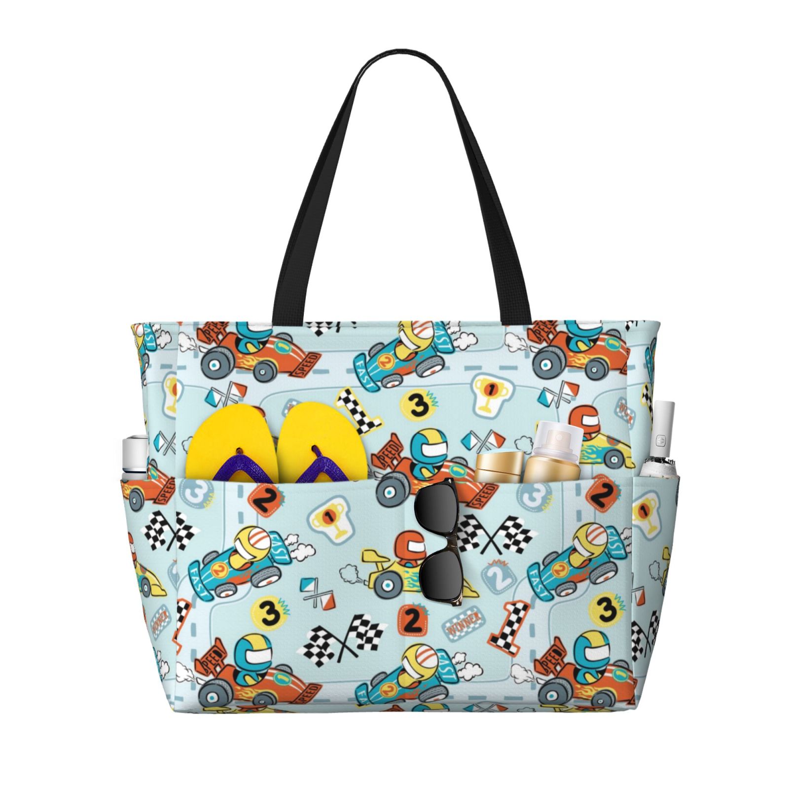 Tote Racing Paper Tebeau Cartoon Car Racing Print Large Beach Tote Bag Women Waterproof ...