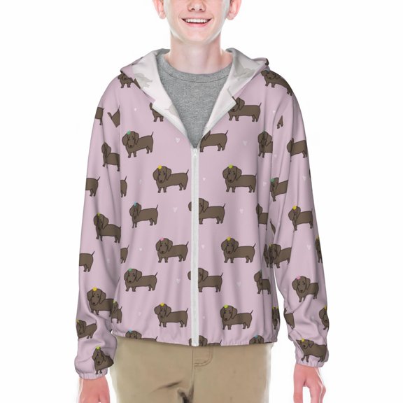 Tebeau Dachshund Dog Puppy Print Kids Athletic Hoodie Dry Fit Sun Protection Sweatshirt Thumbholes-XX-Large
