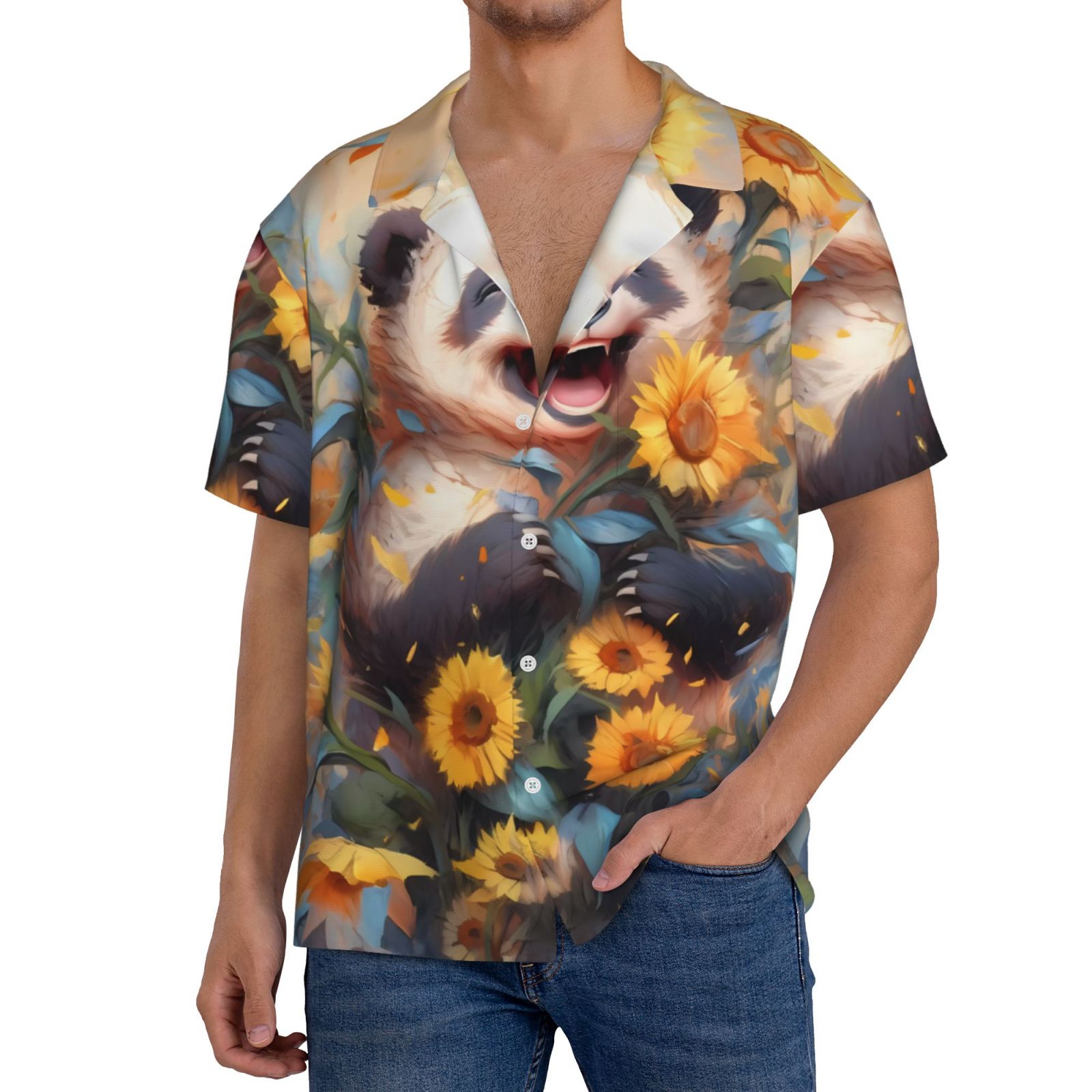 Tebeau Elegant Cute Panda Sunflower Print Men's ShortSleeve Mens