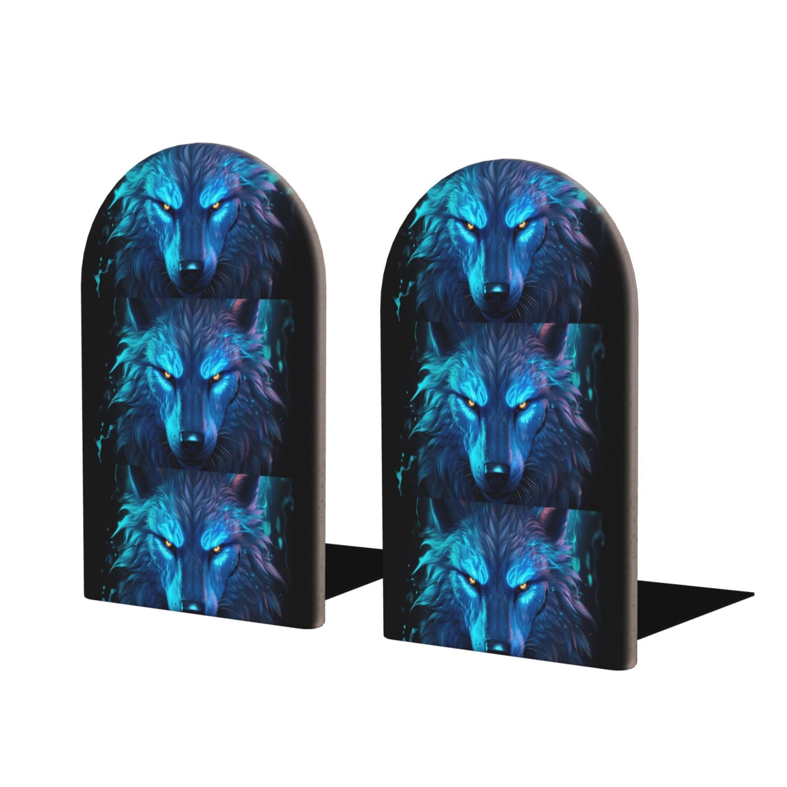 Library Display Wolves Tebeau Futuristic Blue Light Wolf Print Wood Bookends for Shelves ...