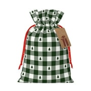 Tebeau Green White Christmas Tree Lumberjack Plaid Print Christmas Drawstring Bags Burlap Candy Bags Linen Treat Bags Holiday Party Favor Christmas Sack Sachet Bag with Cards-Small