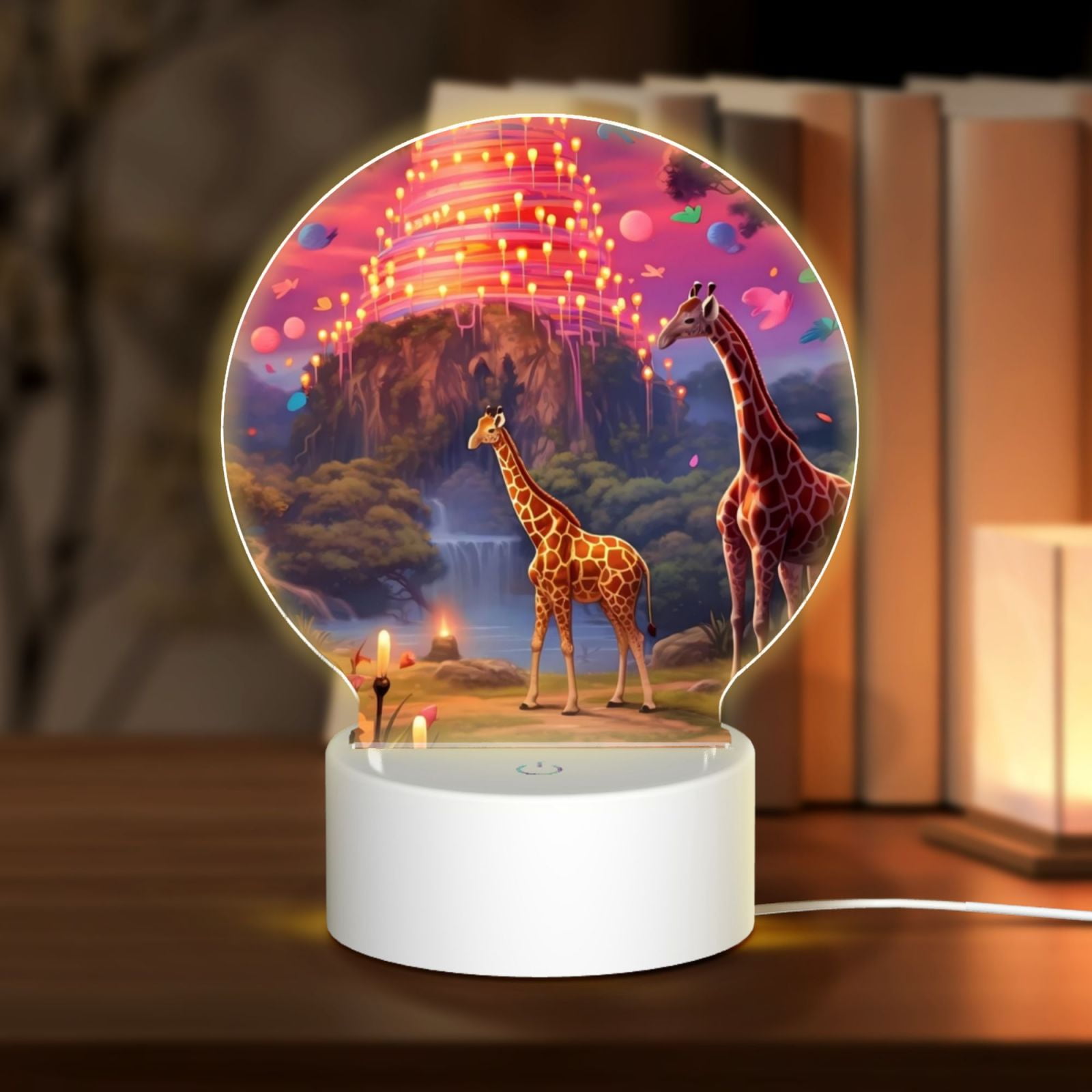 Tebeau Lantern Giraffes Magical Forest Print Round Acrylic Night Light - Personalized LED Lamp with Touch Control, 3 Light Modes, UV Printed Acrylic Night Lamp