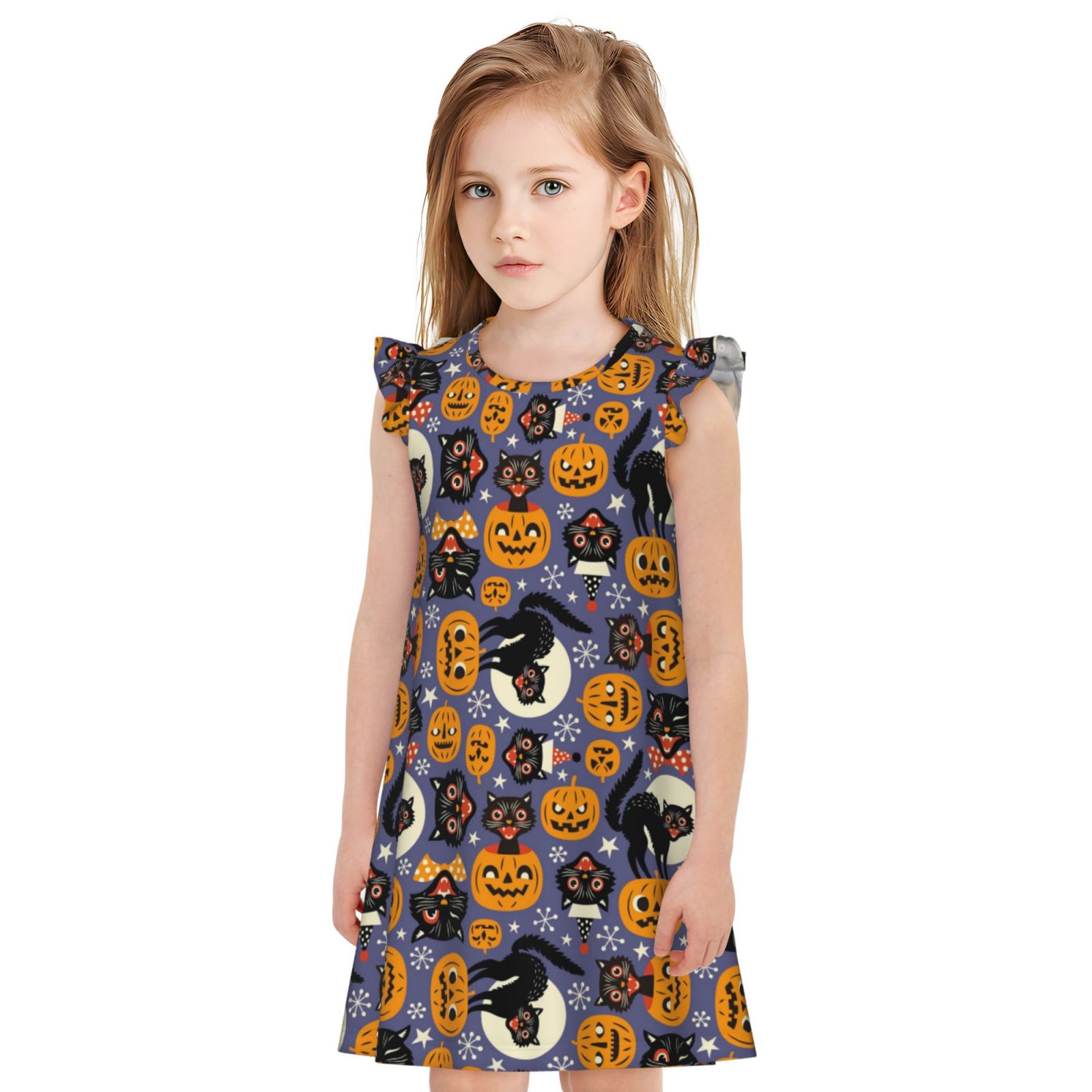 Girls' Skater Style Long Sleeve Dress - Pumpkin Print Halloween Party Dress, Contrast Panel Design