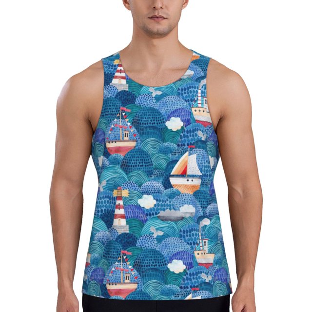 Tebeau Watercolor Ships Print Men's Drop Arm Tank Top Sleeveless Muscle