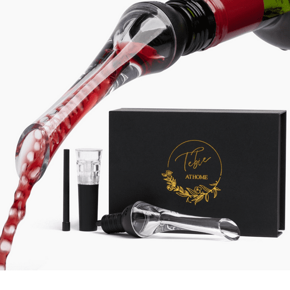Tebie at Home Wine Aerator and Stopper W/ Gold Embossed, Velvet Lined Magnetic Storage Box