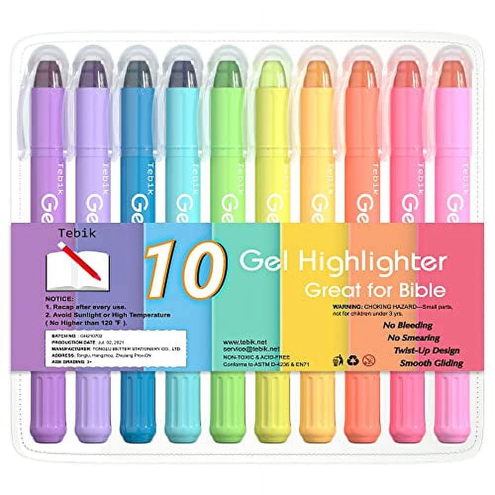 Tebik Gel Highlighter, 10 Colors Bible Safe Highlighter Study Kit, Highlighters Assorted Colors, Twistable Design, No Bleeding Great for Journaling, Highlighting and Study