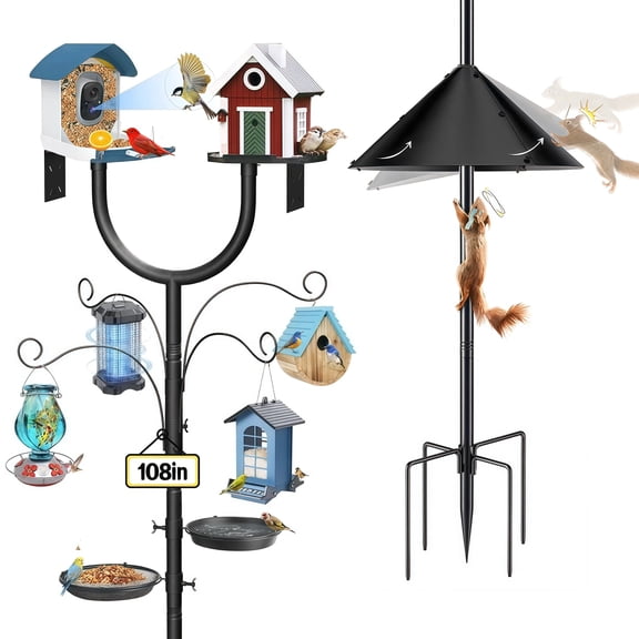 Teblint 108" Bird Feeding Station, Heavy Duty Bird Feeder Pole Bird House Stand Mount Kit w/ Squirrel Proof Baffle Upgraded U-Shape Platform 4 Shepherd Hooks Adjustable Feeder Stand for Outdoor