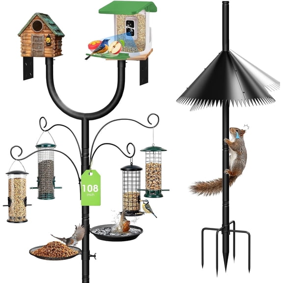 Teblint 108" Bird Feeding Station, Heavy Duty Bird Feeder Pole Bird House Stand Mount Kit w/ Squirrel Proof Baffle Upgraded U-Shape Platform 4 Shepherd Hooks Adjustable Feeder Stand for Outdoor