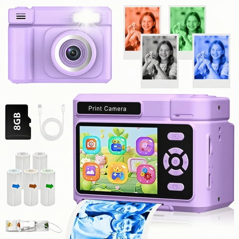 Teblint 2.4" Kids Camera Instant Print, 48MP & 1080P HD Digital Camera with 8GB Card, 4-Color Print Paper, Christmas Birthday Gifts for Boys & Girls Age 3-12, Purple