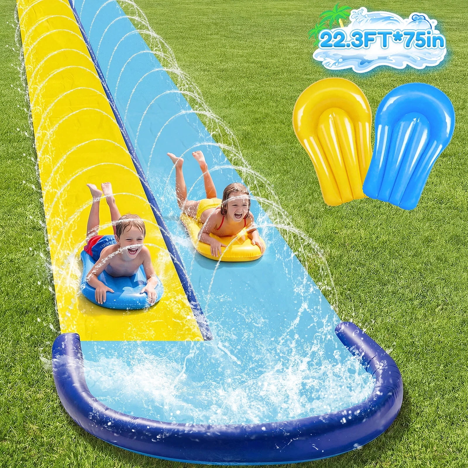 Built In Slide Teblint 22.3FT Double Lawn Water Slides, Heavy Duty Water Slip Splash ...