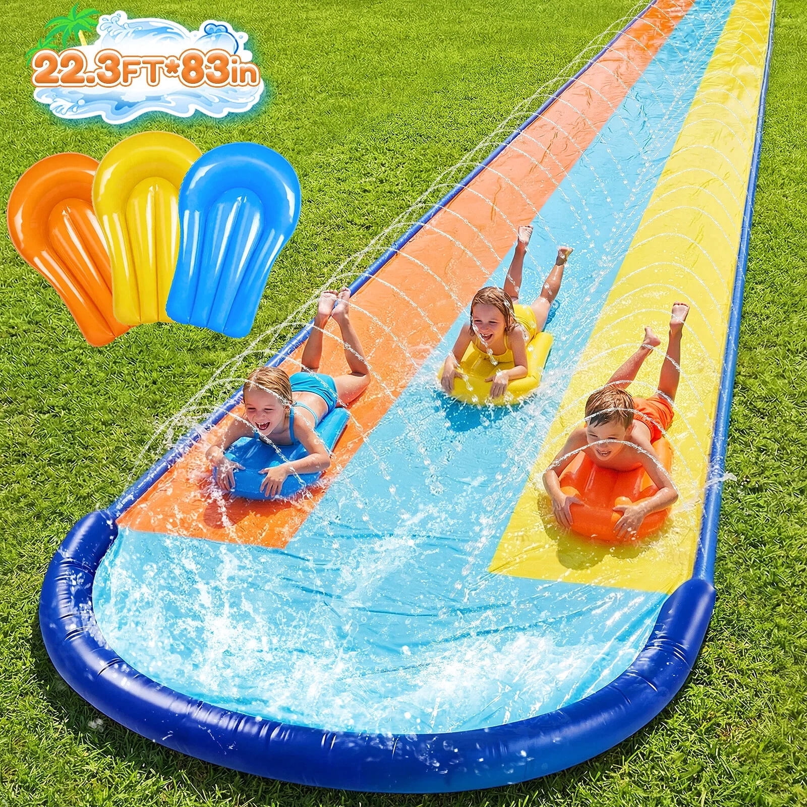 Teblint 22.3FT Triple Lawn Water Slides, Heavy Duty Water Slip Splash Pad with Built in Sprinkler & 3 Bodyboards for Backyard Outdoor Water Fun Toys for Kids Adults